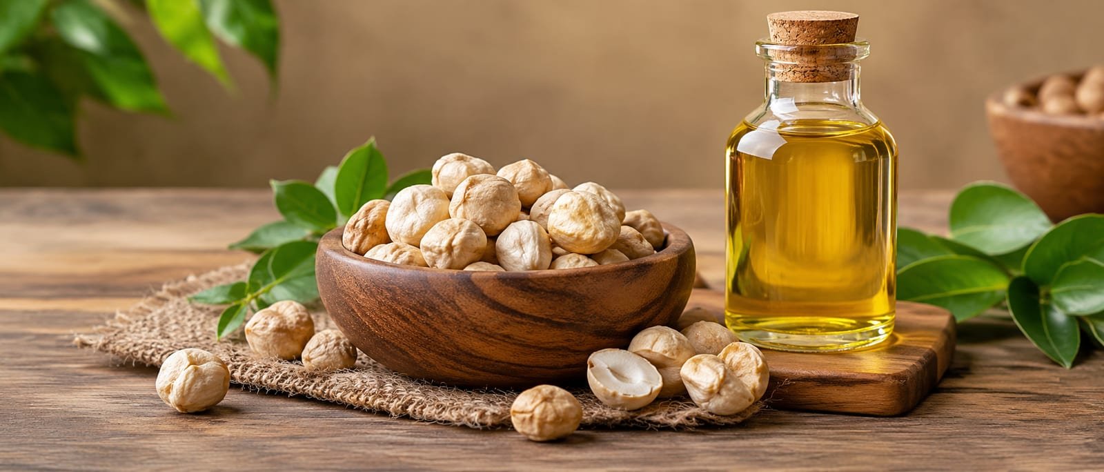 Candlenuts in a wooden bowl beside a bottle of candlenut oil