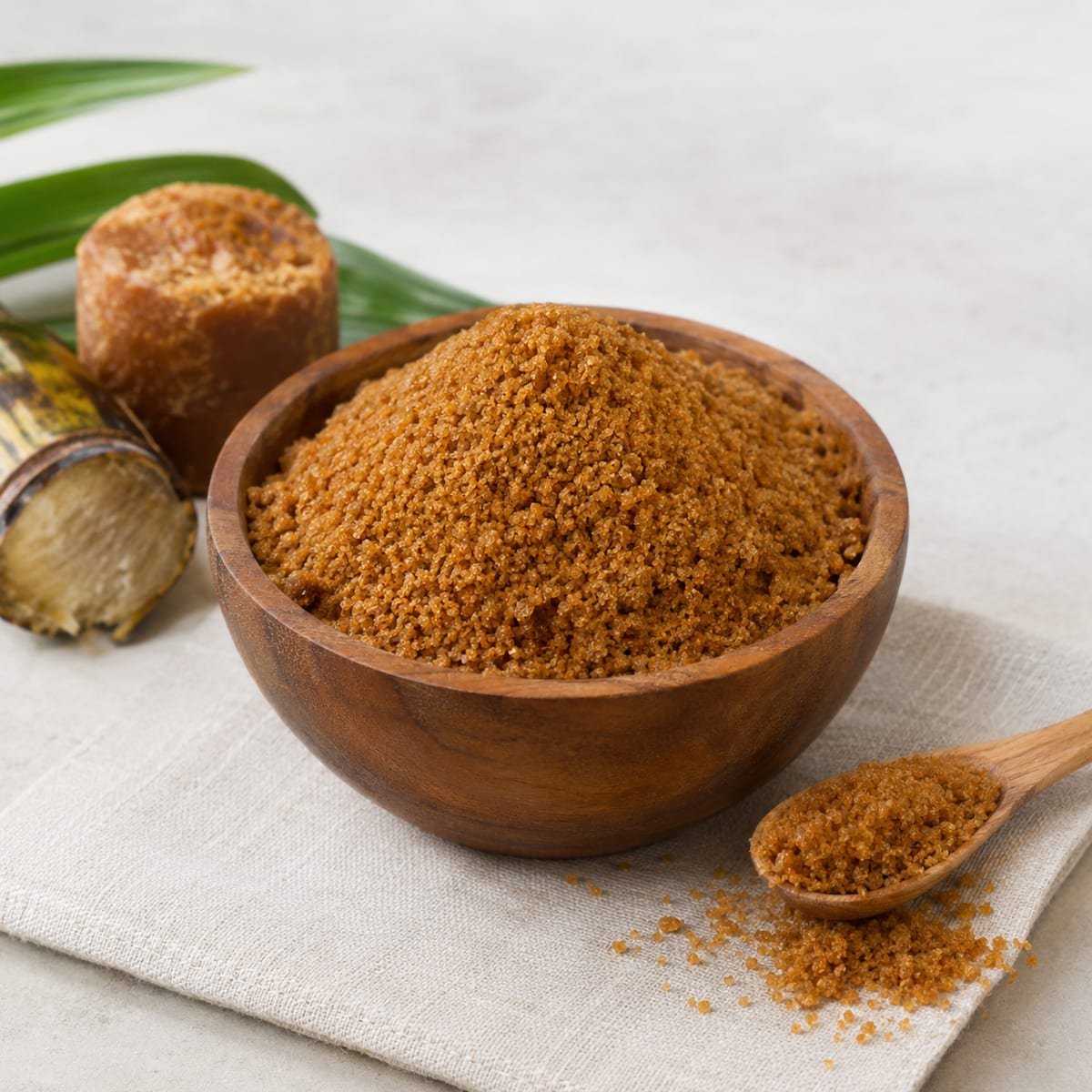 Granulated palm sugar in a wooden bowl